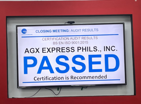 ISO 9001:2015 Quality Management System (QMS) certificate received by AGX Express Phils., Inc. for its International Freight Forwarding Services