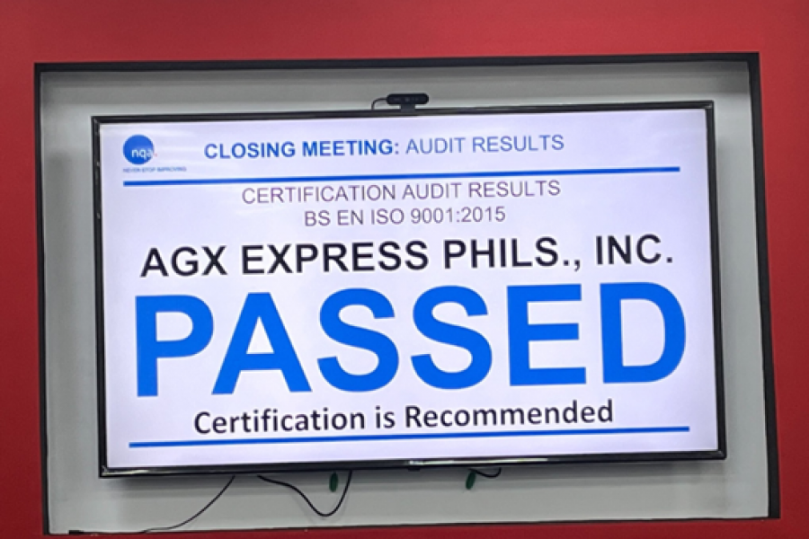 ISO 9001:2015 Quality Management System (QMS) certificate received by AGX Express Phils., Inc. for its International Freight Forwarding Services